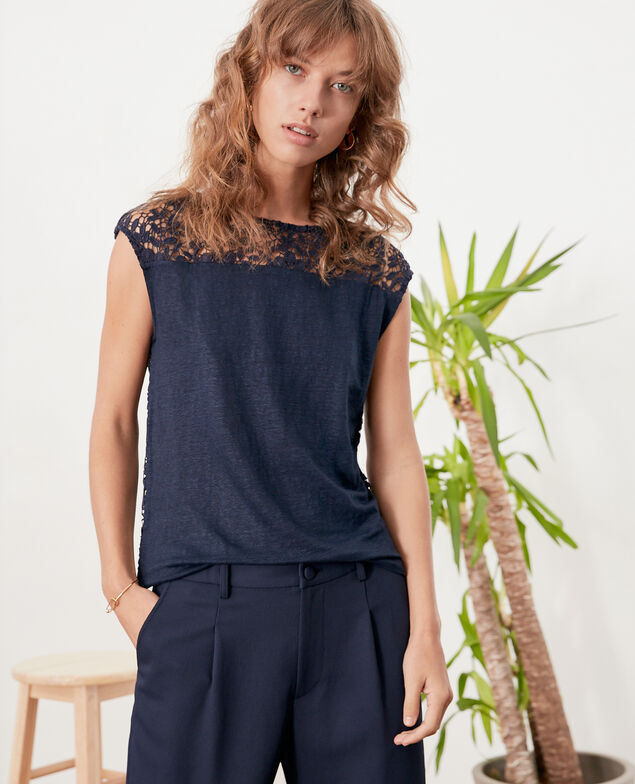 Linen t-shirt with lace back Navy