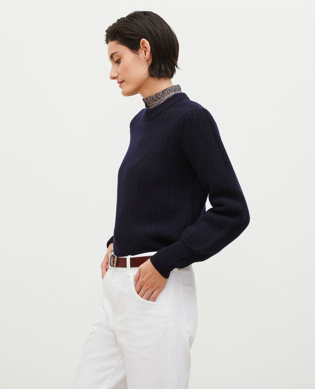 Cable knit round neck wool jumper Night sky