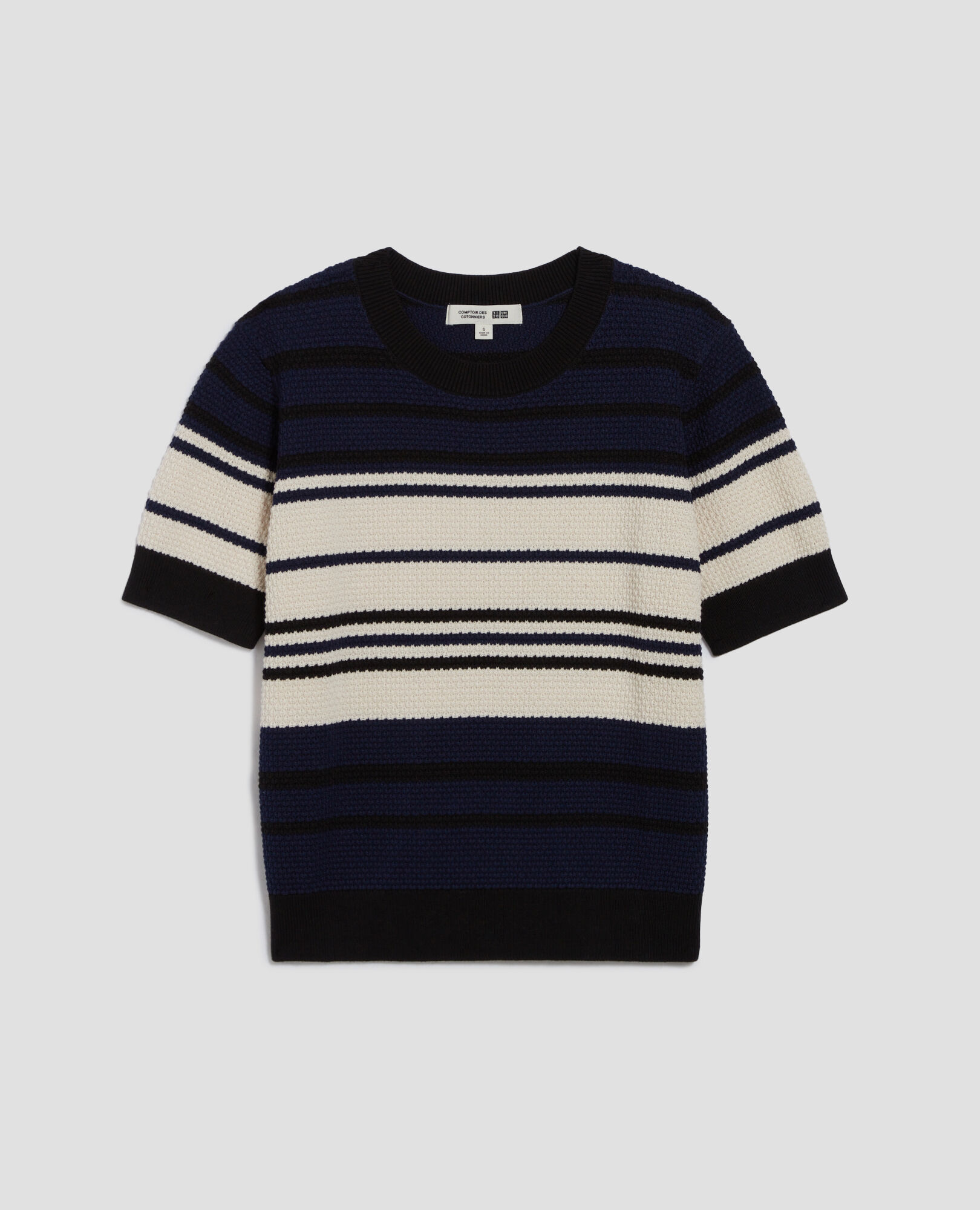 ★XTONZ★ XTK148 Weekend Round Short Sleeve Knit NAVY Short-sleeve cotton jumper st ecru navy - Comptoir des