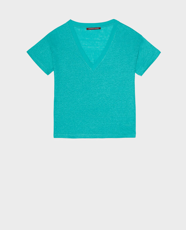 SARAH - Linen V-neck t-shirt Bright aqua