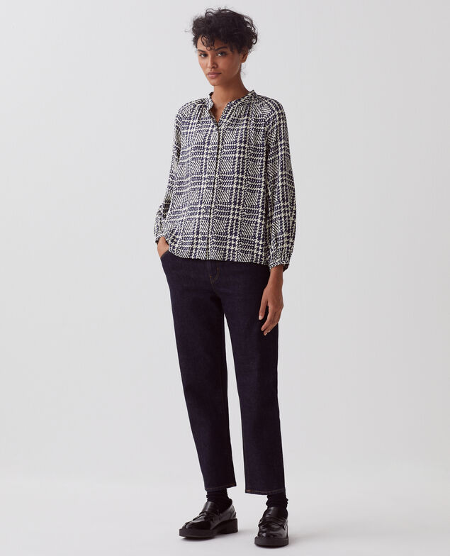 Long-sleeve silky blouse I681 houndstooth ble