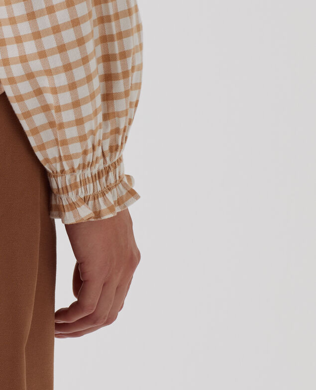 Ruffle neck blouse I310 check creme camel
