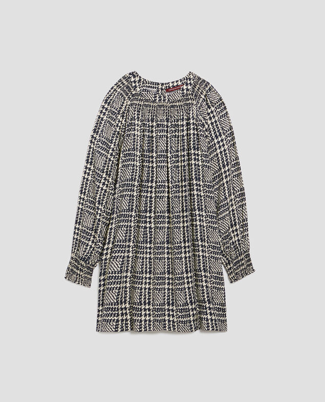 Silky long-sleeve mini dress I681 houndstooth ble