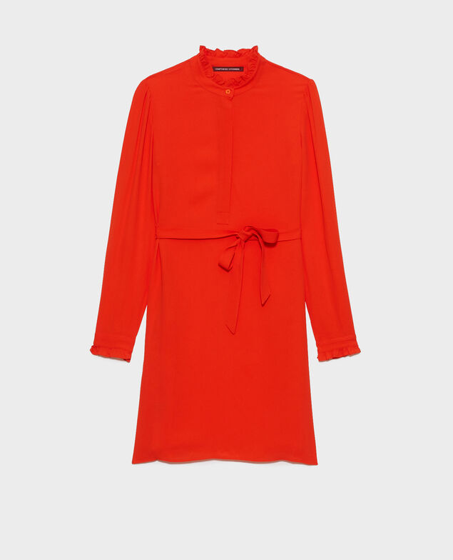 Ruffle neck straight dress Spicy orange
