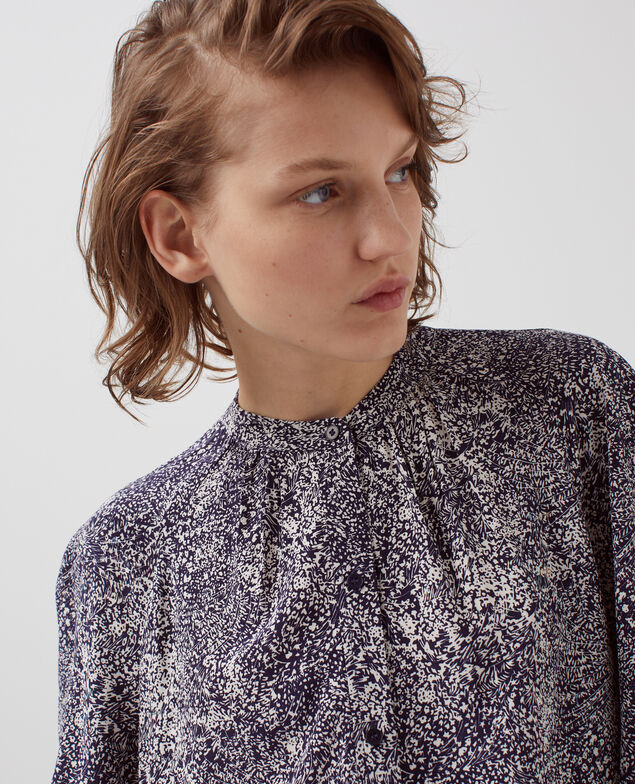 Long-sleeve silky blouse H690 micro fl navy