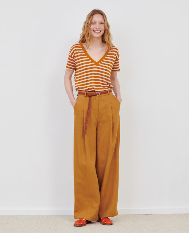 SARAH - Linen V-neck t-shirt 122 stripes pumpkin