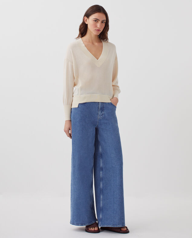 Wool and silk V-neck jumper I300 pearled ivory