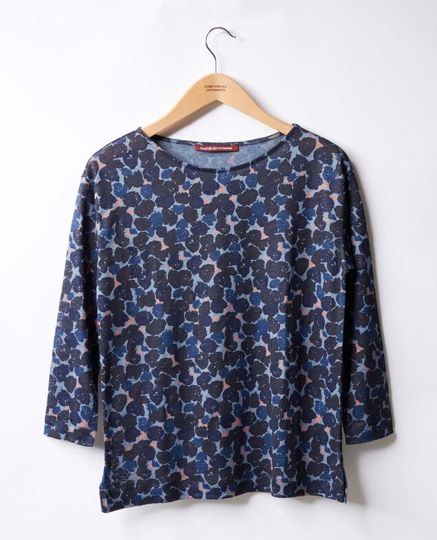 Printed linen T-shirt Blossom shadow indigo