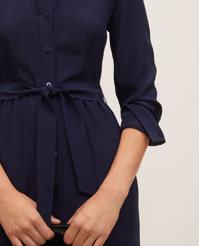 Round neck silk shirt dress with belt Maritime blue