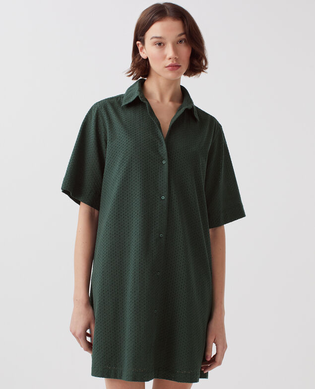 Embroidered cotton mini shirt dress J590 spruce green