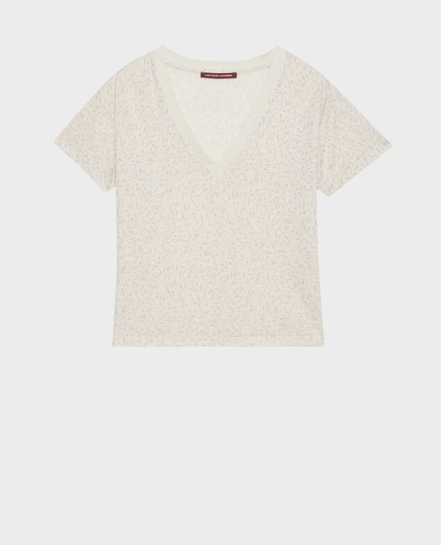 SARAH - Linen V-neck t-shirt 91 print white