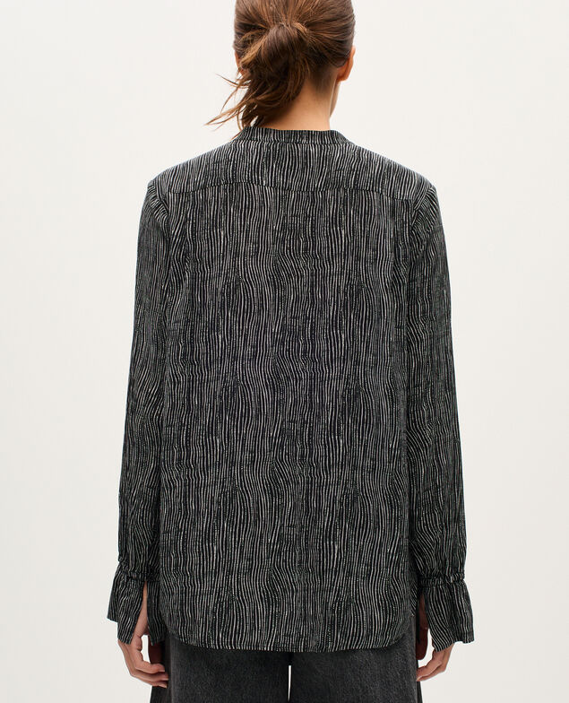 Long-sleeve silky shirt K093 stripes black