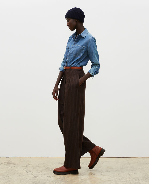 High waisted wide wool trousers YVONNE Stripe coffee bean