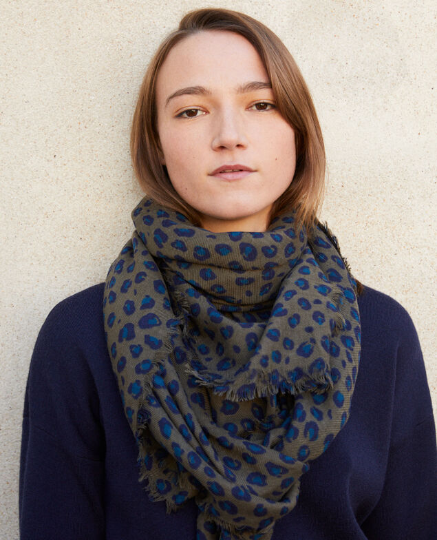 Printed wool scarf Blue leopard olive night