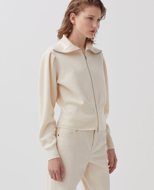 Zip-up merino wool cardigan I307 ecru