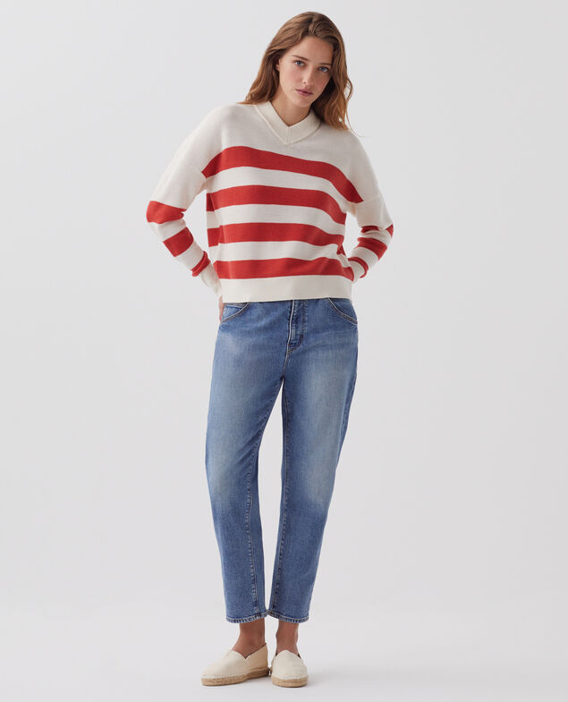 V-neck merino wool striped jumper J242 st ecru paprika