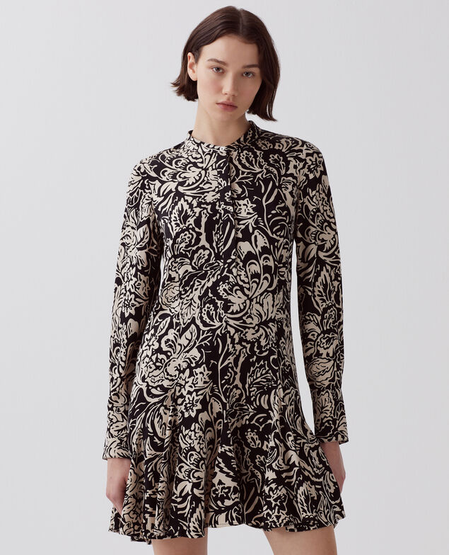 Flowy short dress I094 abstract fl blk