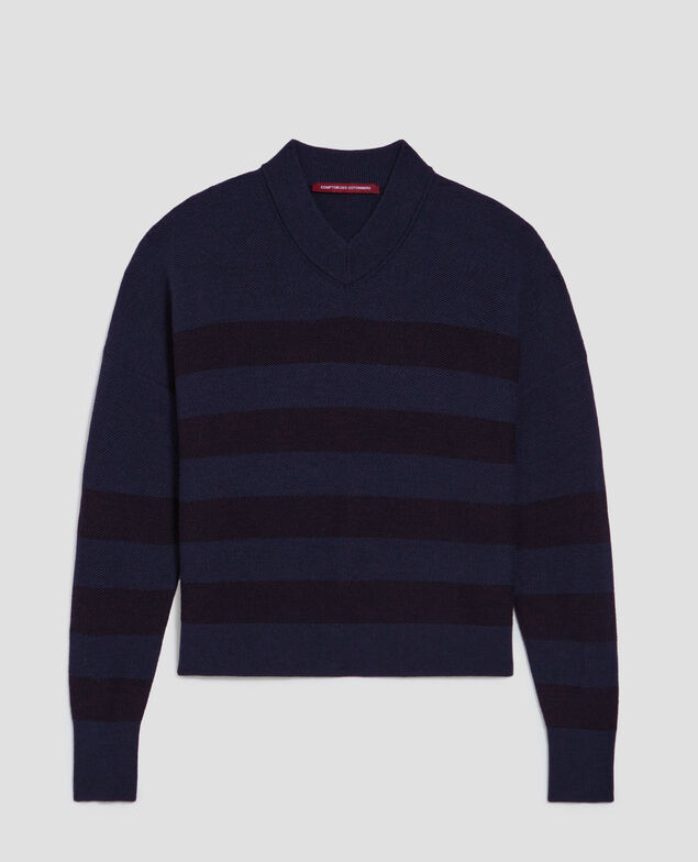 V-neck merino wool striped jumper J092 st blue black