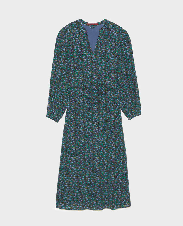V-neck silk maxi dress with belt Print artdeco darkgreen