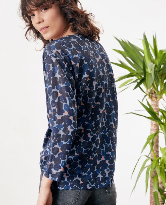 Printed linen T-shirt Blossom shadow indigo