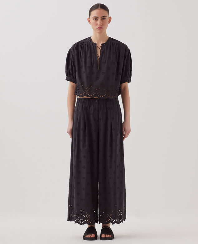 Cotton broderie anglaise wide leg trousers H091 black beauty