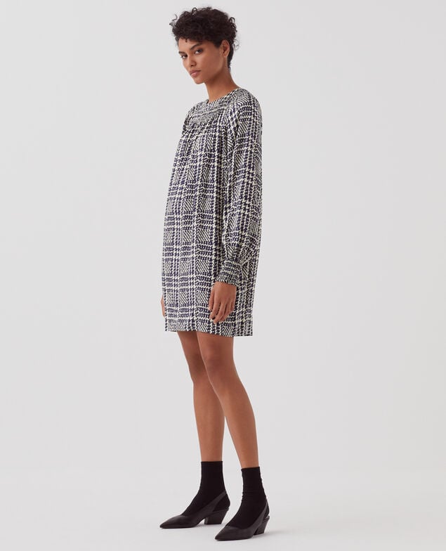 Silky long-sleeve mini dress I681 houndstooth ble
