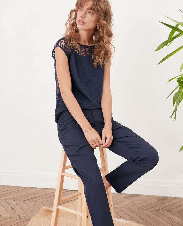 Linen t-shirt with lace back Navy