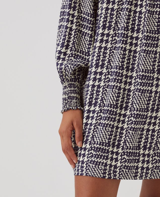 Silky long-sleeve mini dress I681 houndstooth ble