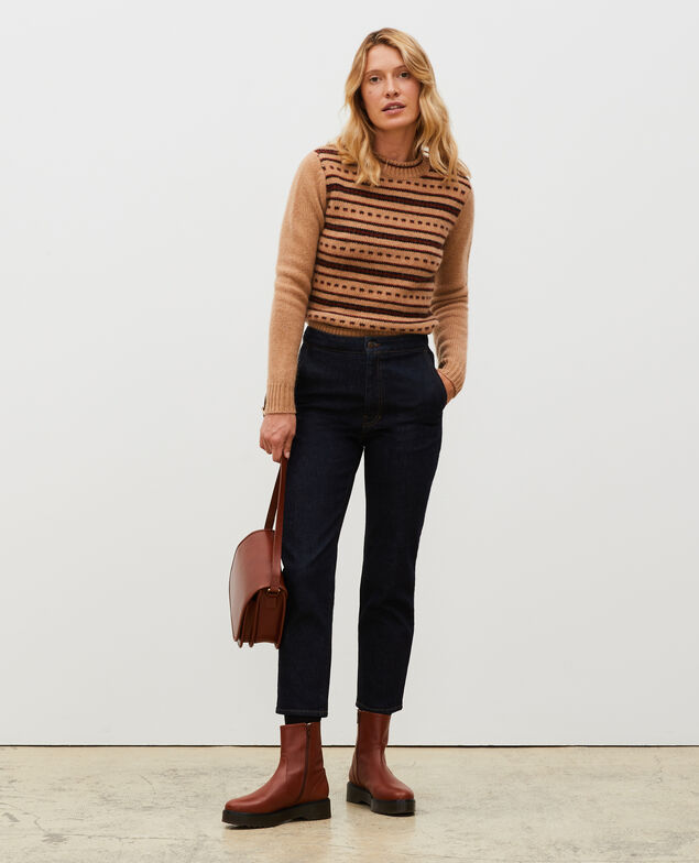 Round neck alpaca wool jacquard jumper Jacquard taupe black brandybrown