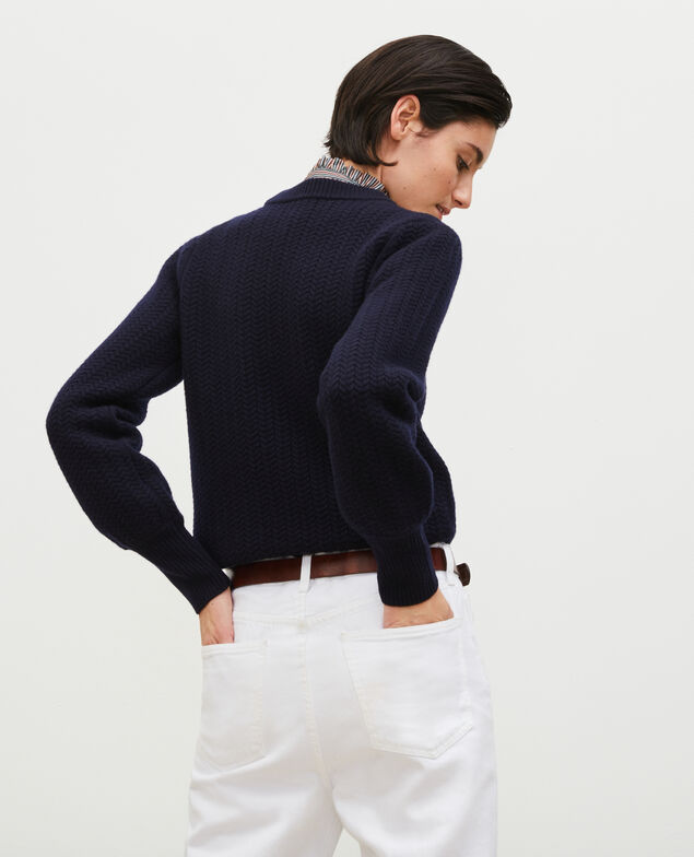 Cable knit round neck wool jumper Night sky