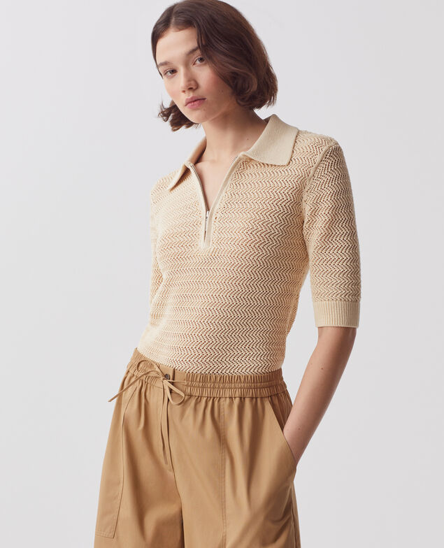 Cotton zip-up polo jumper J300 natural