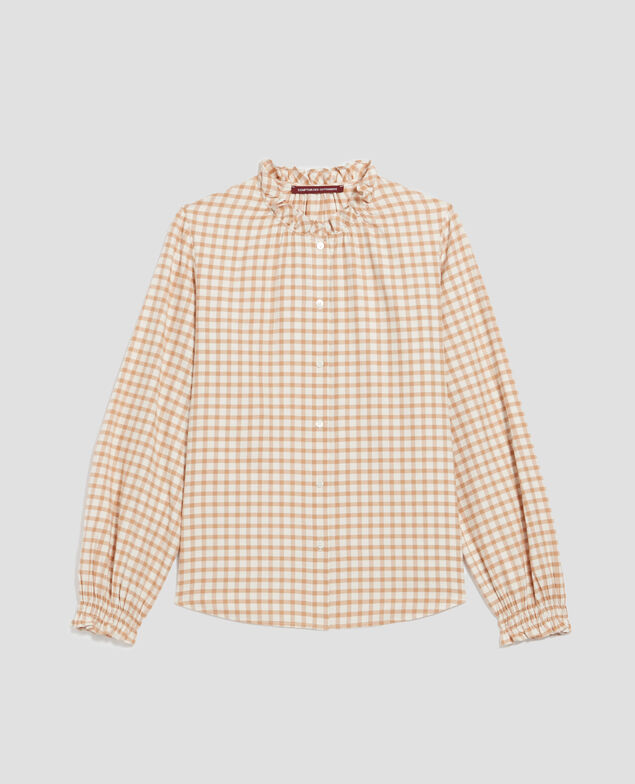 Ruffle neck blouse I310 check creme camel