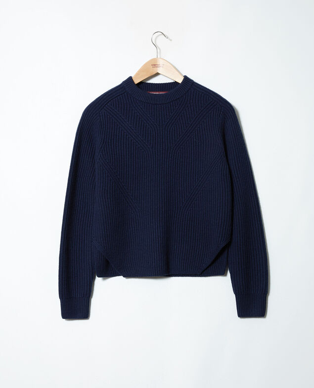 Jumper with inserts on the hem 100% Merino Wool Navy