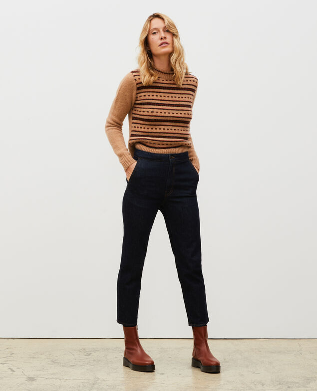 Round neck alpaca wool jacquard jumper Jacquard taupe black brandybrown