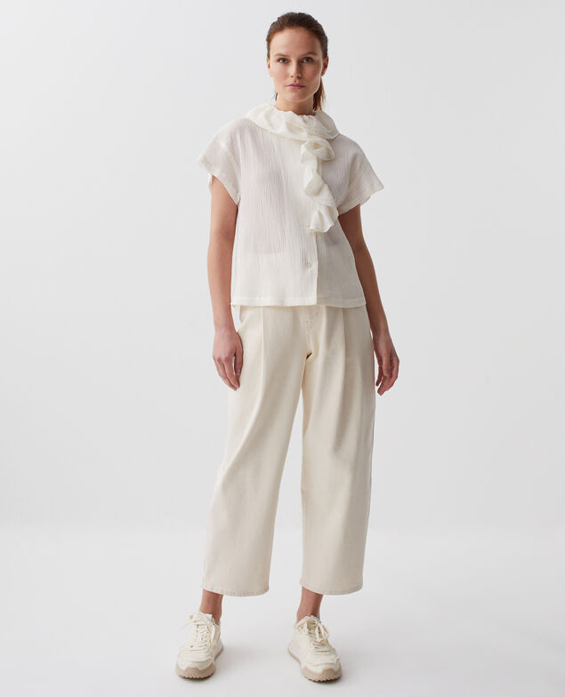 Frilly pleated cotton blouse H303 white swan