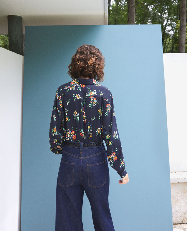 Shirt with pyjama-style collar Fleurs navy