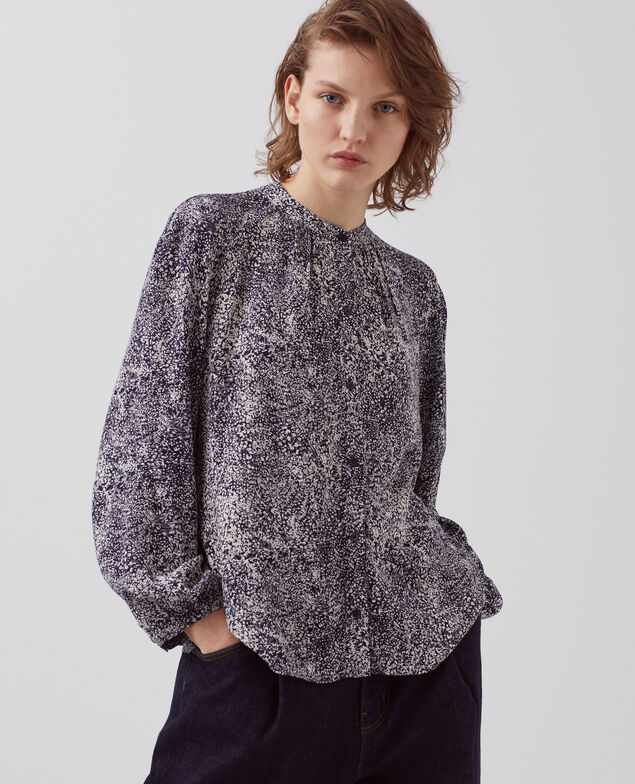 Long-sleeve silky blouse H690 micro fl navy