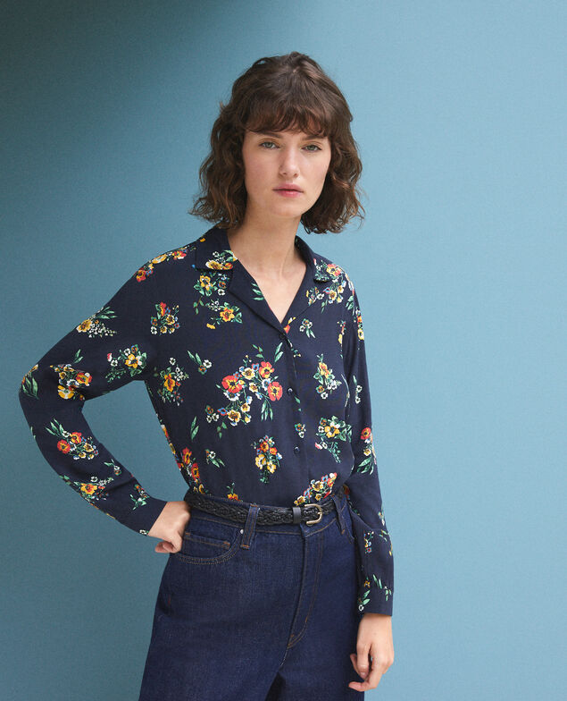 Shirt with pyjama-style collar Fleurs navy