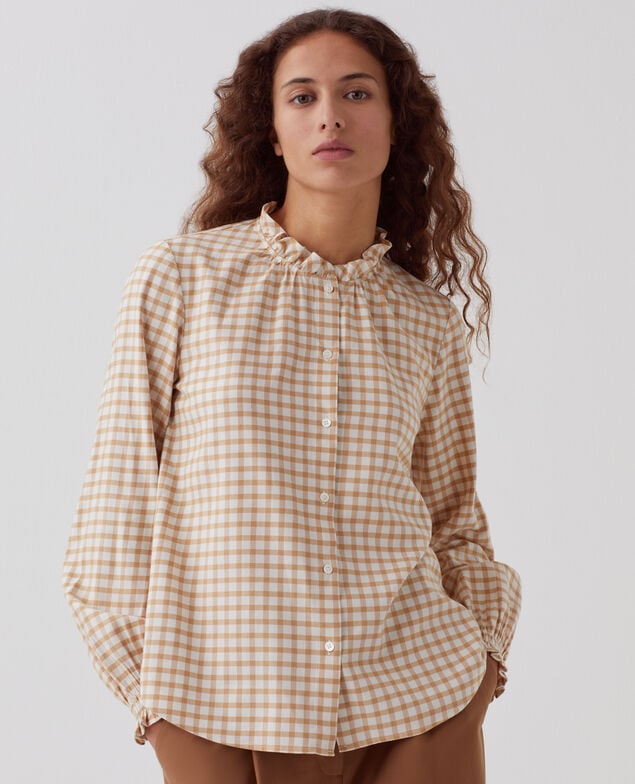 Ruffle neck blouse I310 check creme camel