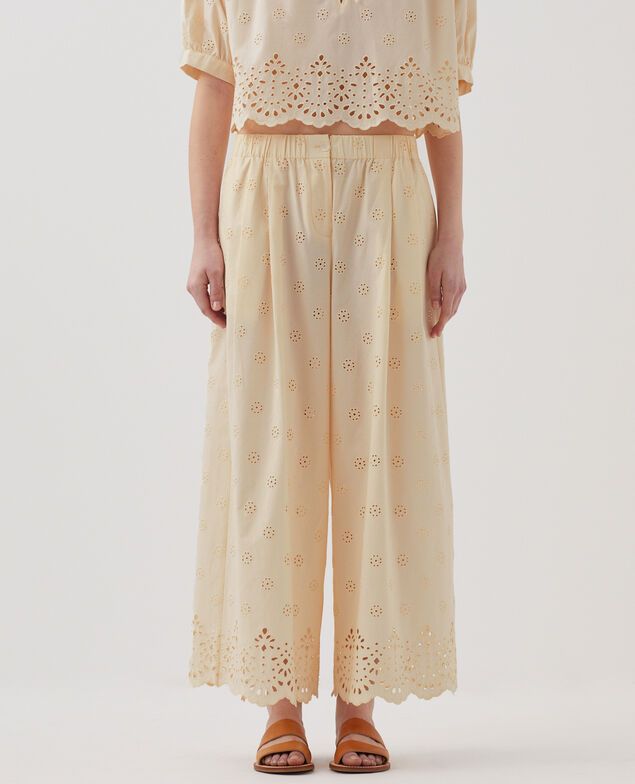 Cotton broderie anglaise wide leg trousers I307 ecru