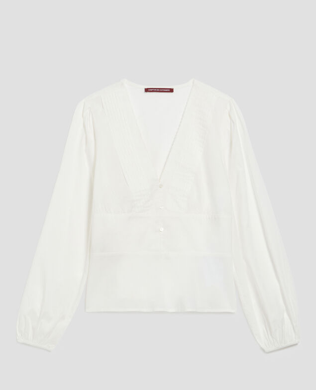 V-neck cotton blouse H013 gardenia