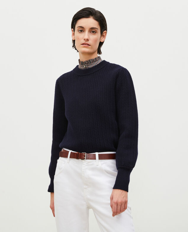 Cable knit round neck wool jumper Night sky