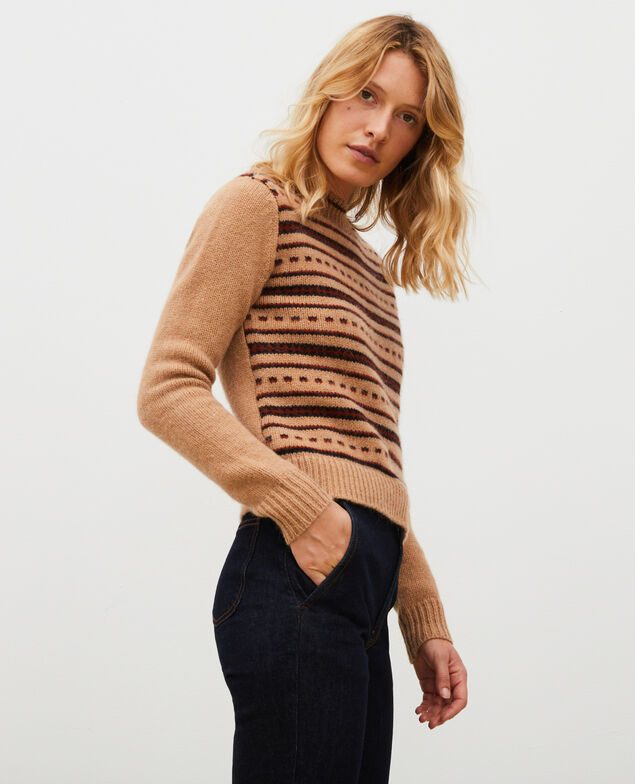 Round neck alpaca wool jacquard jumper Jacquard taupe black brandybrown