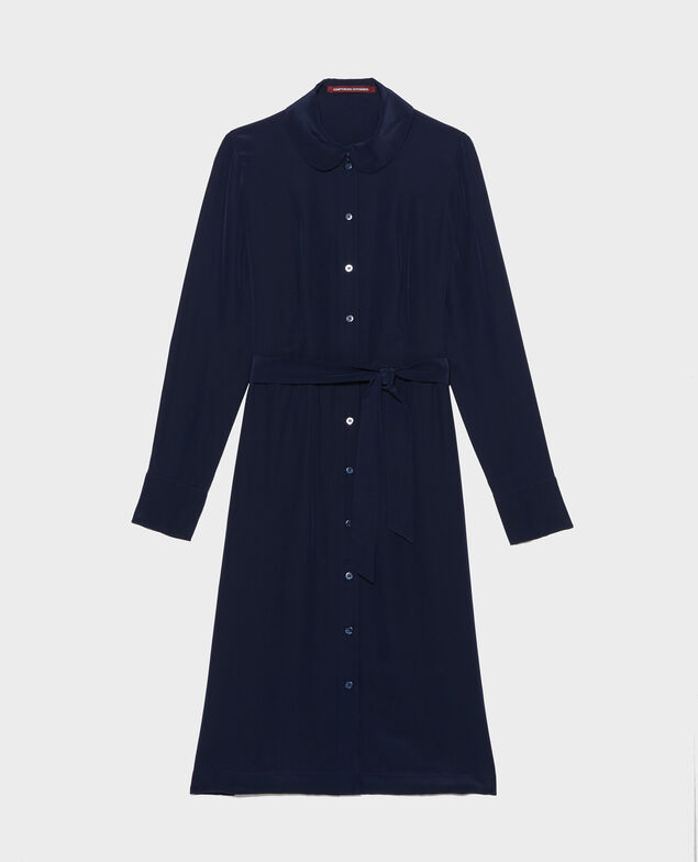 Round neck silk shirt dress with belt Maritime blue