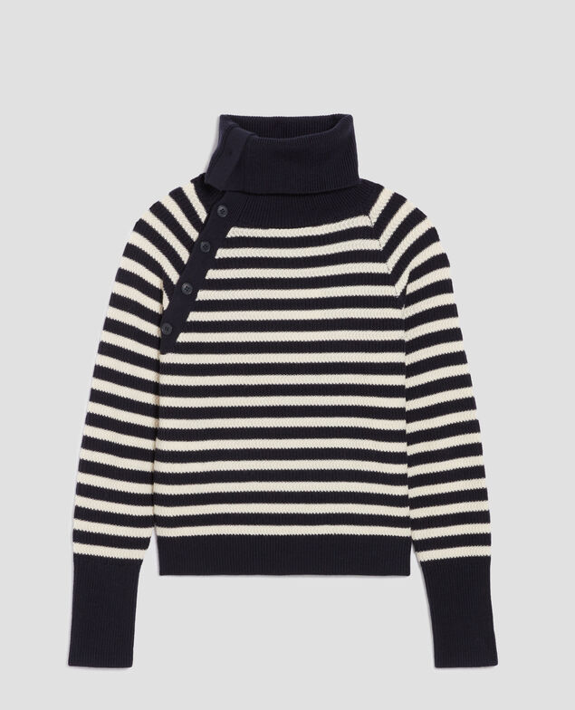 Merino wool striped jumper with button-up neck I696 st ecru navy