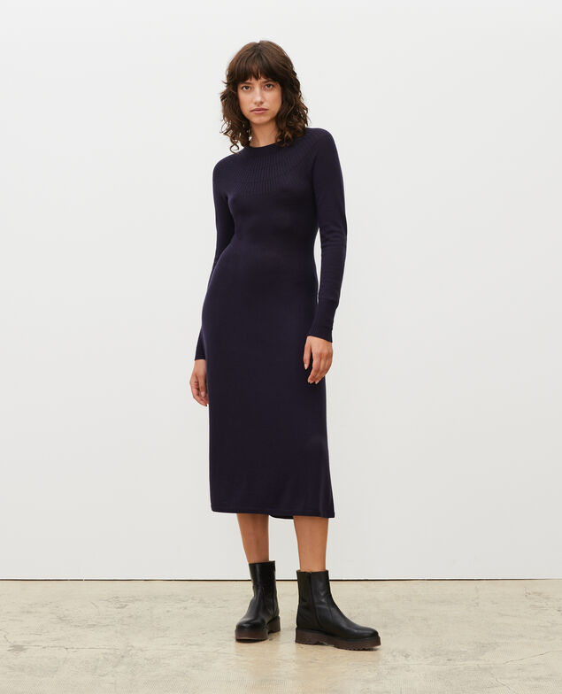 Round neck flared merino wool dress Night sky