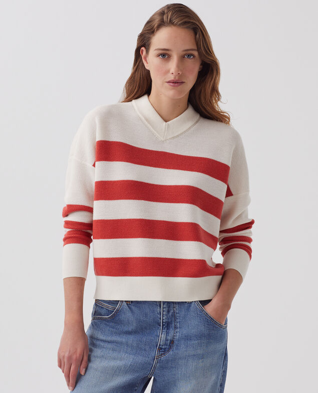 V-neck merino wool striped jumper J242 st ecru paprika
