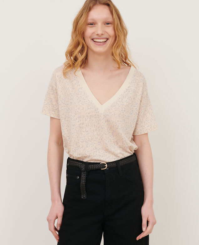 SARAH - Linen V-neck t-shirt 91 print white