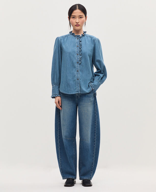 Ruffled cotton shirt J621 light blue