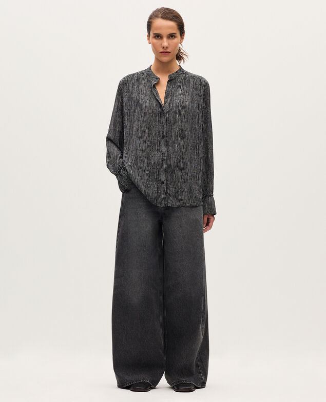 Long-sleeve silky shirt K093 stripes black